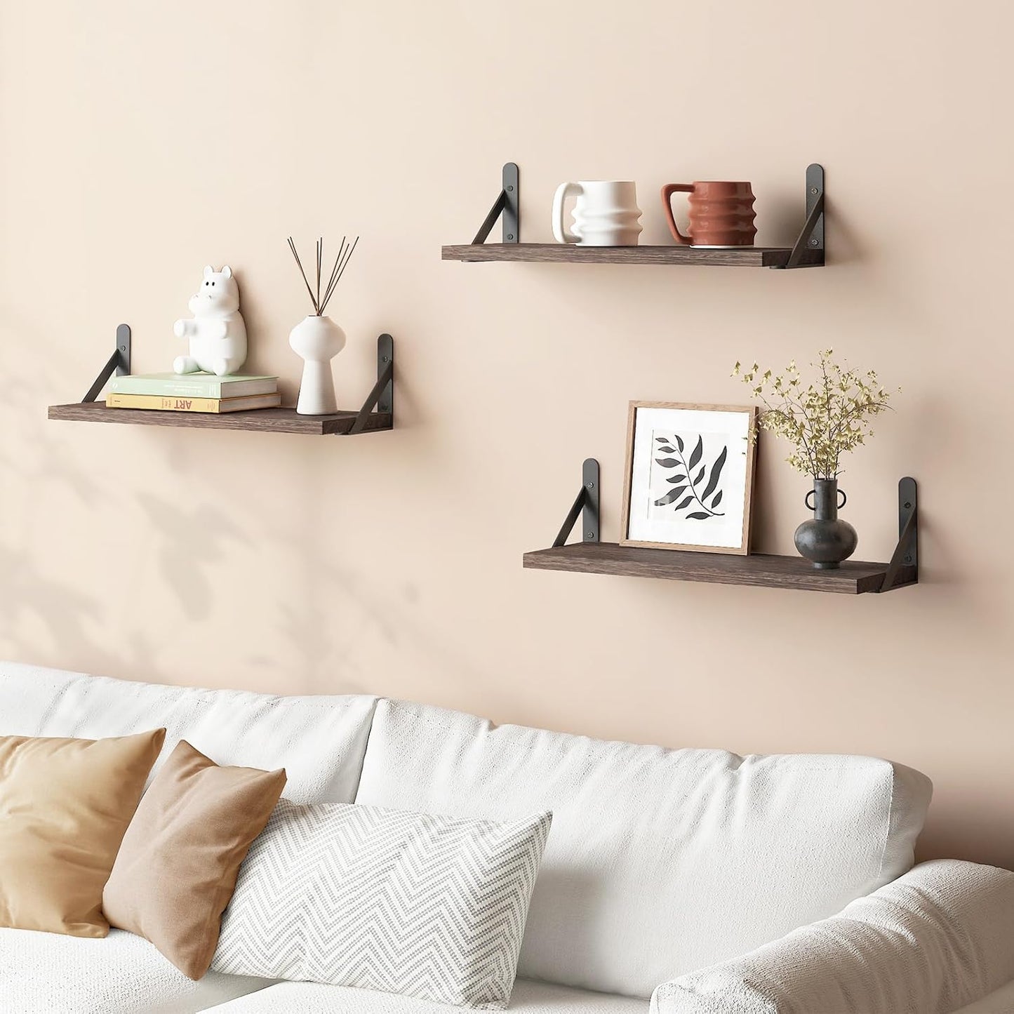 YGEOMER Brown Floating Shelves for Wall, 16.5 Inch Farmhouse Wall Shelves for Bedroom, Bathroom Storage, Living Room and Kitchen Decor (Set of 6 Brown)