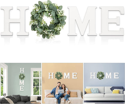 MAYICIVO Modern Wooden Home Sign with Artificial Eucalyptus Wreath, White and Beige, 13.81 inches Diameter, Wall Mount, MDF Wood, Plastic