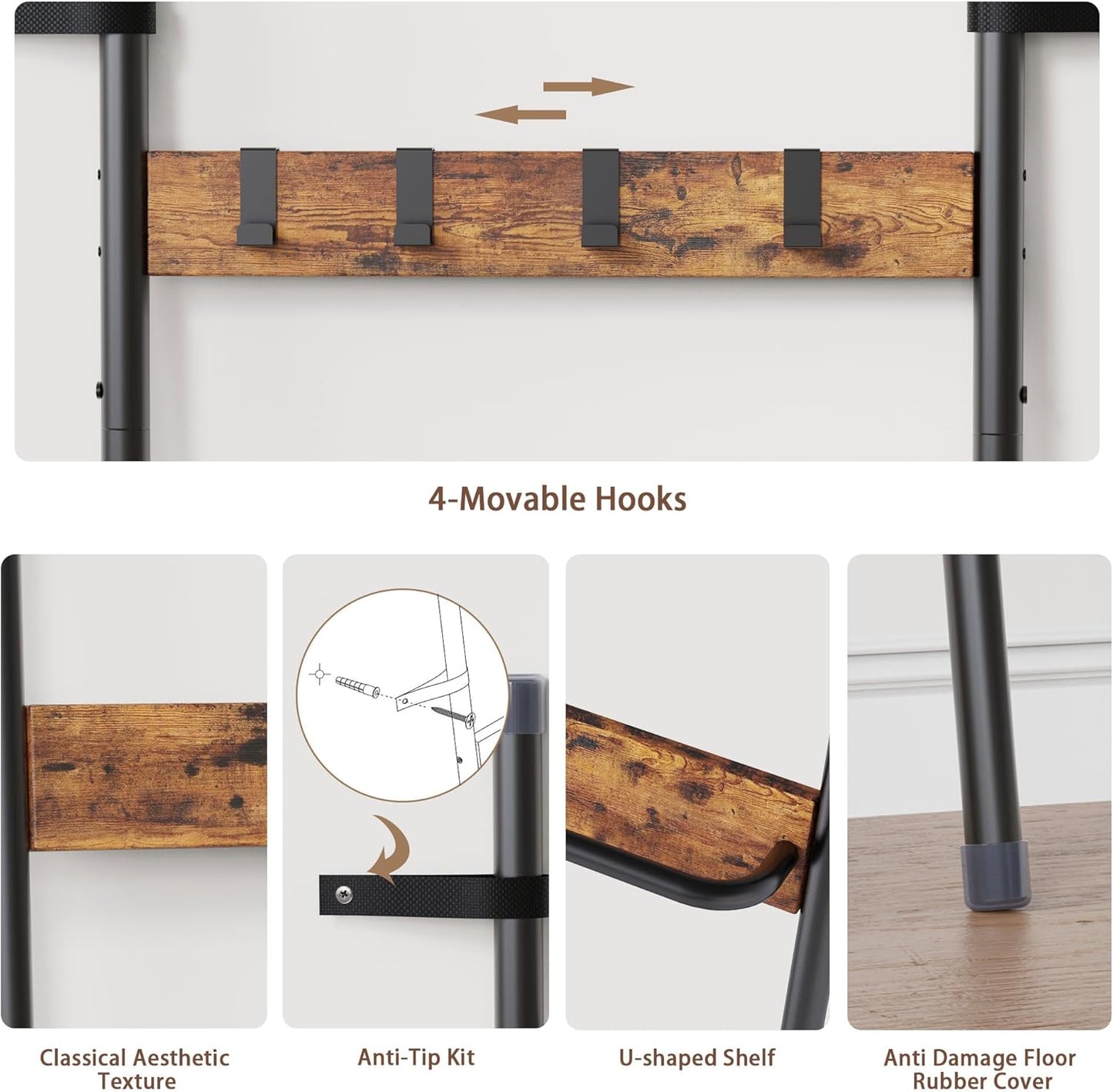 Blanket Ladder, 5-Tier Towel Holder with 4 Removable Hooks, Farmhouse Wall Leaning Decorative Rack Shelf, Wooden Towel Display Rack, Quilt Ladder for Living Room, Bedroom, Rustic Brown
