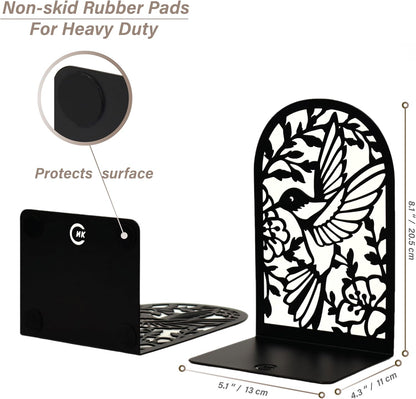 CNK Premium BookEnds - Heavy Duty Metal Book Stoppers for Home Office, Decorative Book Shelf Holders (Hummingbird Black)