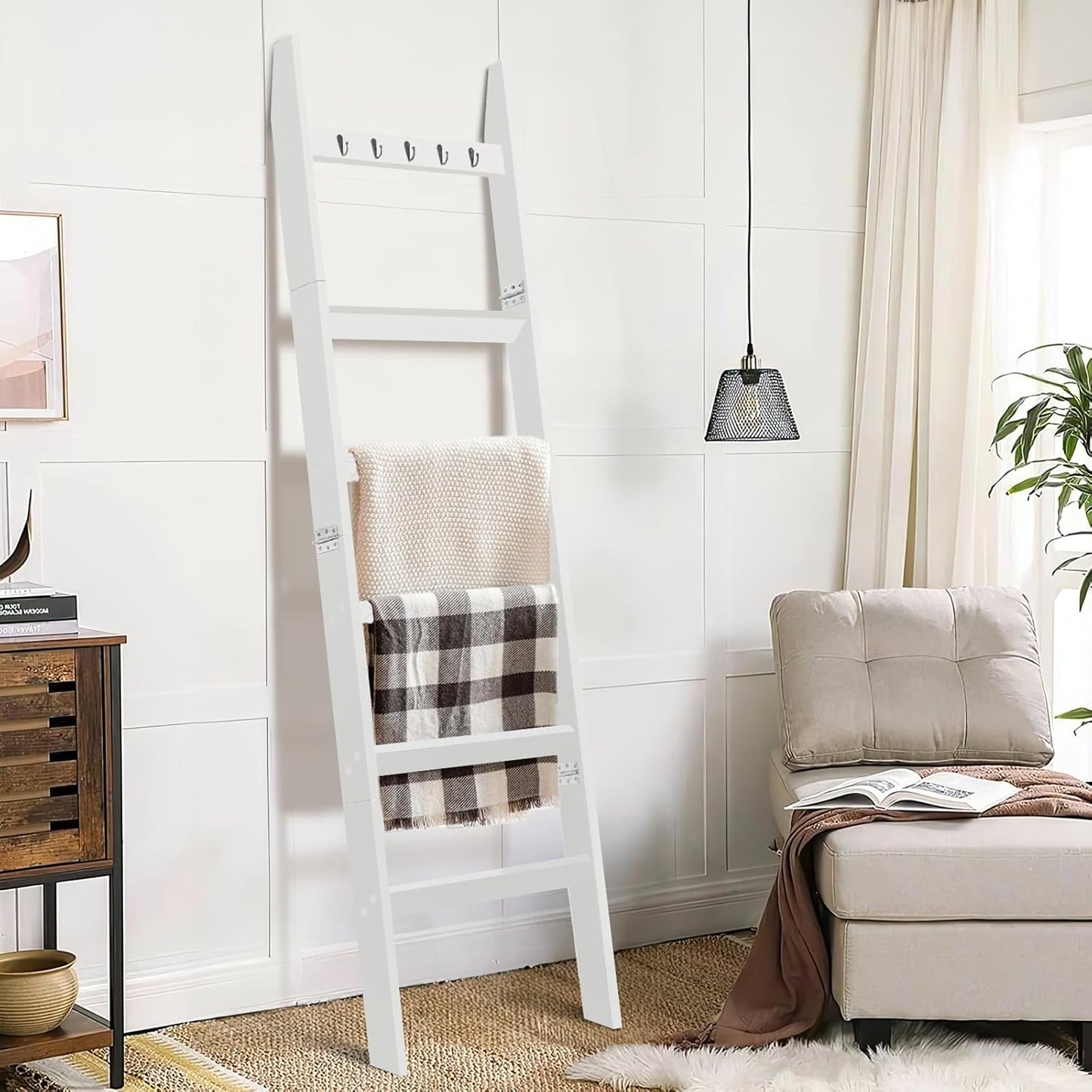 TEAKMAMA 6-Tier Blanket Ladder for Living Room and Bedroom,5.4 Ft Wall Leaning Quilt Rack with Hooks,Rustic Decorative Farmhouse Blanket Storage,Stylish Ladder Holder,Christmas Decorations,Black