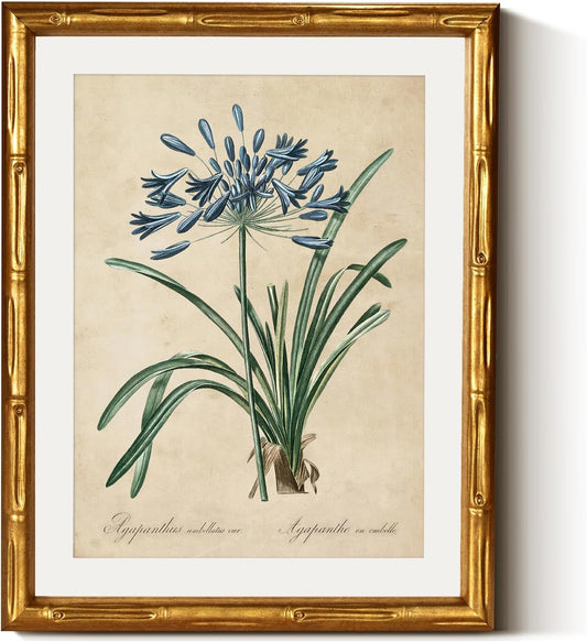 InSimSea Gold Bamboo Framed Canvas Wall Art, Retro Blue Hydrangea Botanical Prints, Antique Flowers Picture Frame with Mat, Victorian Home Wall Decor for Kitchen Living Room Bedroom, 11x14inch