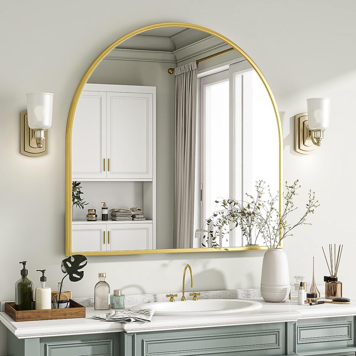 VooBang Arched Wall Mirror, 24 x 36 inch Arch Bathroom Mirror, Wall Mounted Vanity Mirror with Arch Metal Frame, Modern Bathroom Vanity Mirror for Bedroom, Living Room, Hanging or Leaning, Black