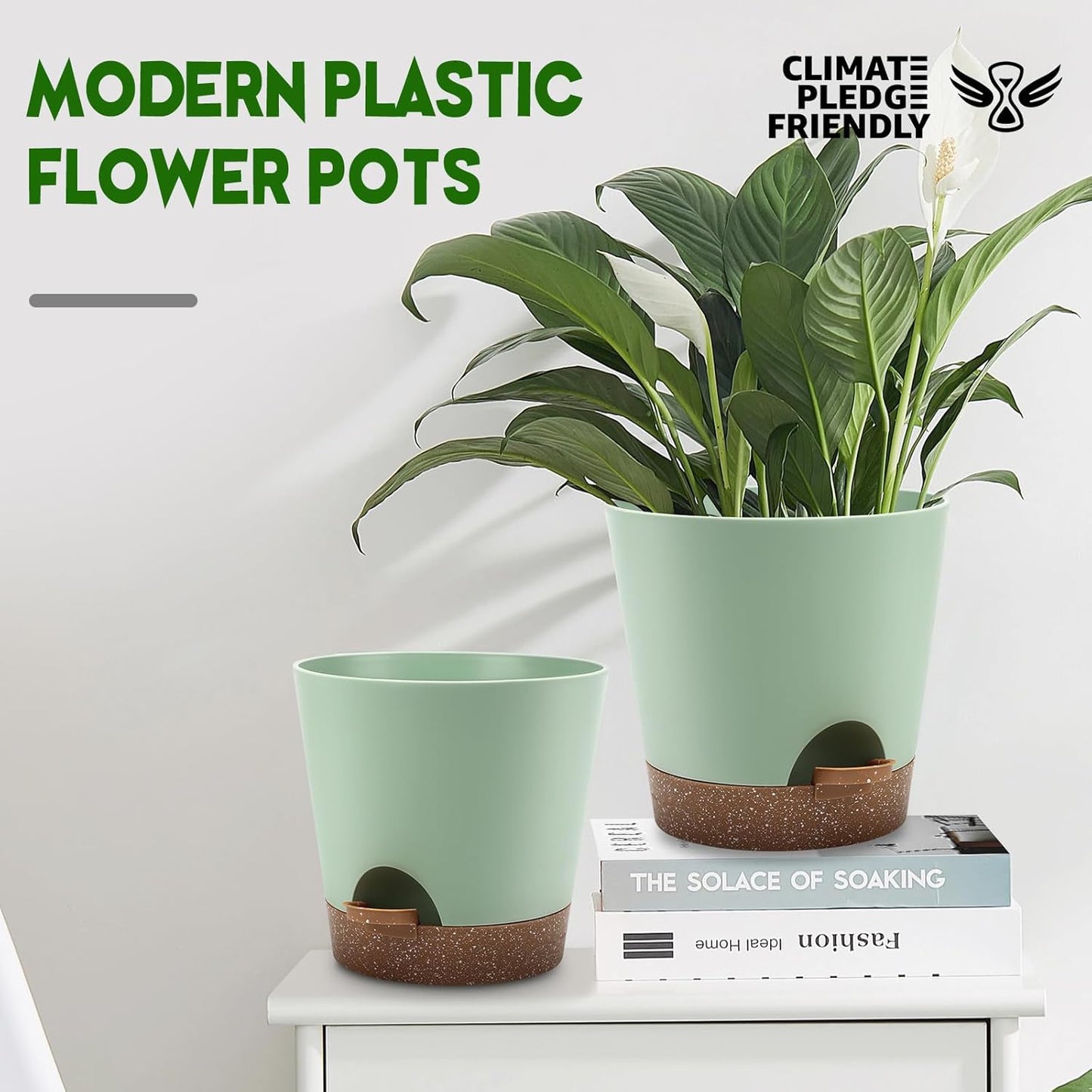 YNNICO Indoor Self Watering Planters with Drainage Holes and Saucers, 8, 7, 6.5, 6, 5.5, 5 Inches, Black, 6 Pots