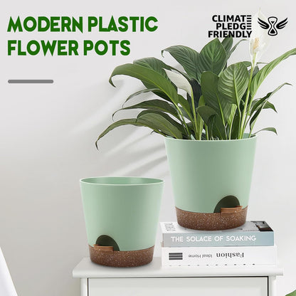 YNNICO Indoor Self Watering Planters with Drainage Holes and Saucers, 8, 7, 6.5, 6, 5.5, 5 Inches, Black, 6 Pots