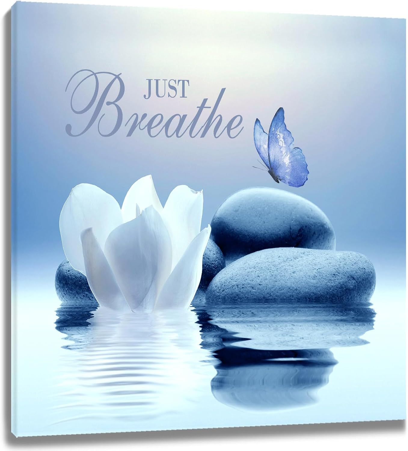 EOBTAIN Zen Flower Canvas Wall Art Bathroom Butterfly and Water Lily Stone Relaxing Spiritual Yoga Framed Wall Art Just Breathe Pictures Canvas Wall Decor for Living Room Bedroom,12x16 Inches