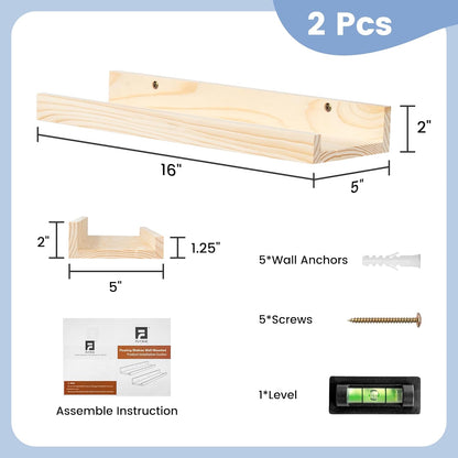 FLYJOE Picture Ledge Shelf, Floating Shelves Set of 2, Solid Pine Wood 55'' Long Large Nursery Book Shelves for Toys Storage, Kids Bookshelf for Living Room Bedroom Decor Books Photo Frames, Walnut