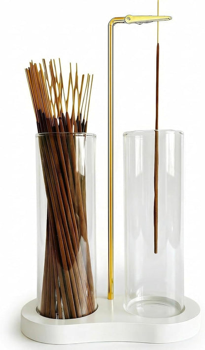 Incense Holder,2 in 1 Incense Sticks Burner Holder with Storage,Hang Upside Down Incense Holder for Sticks with Glass Ash Catcher for Meditation Yoga Spa Room Decor (Brown)