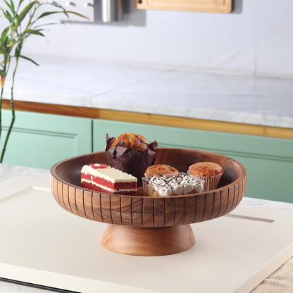 Mango Wood fruit bowl, Decorative black bowl with natural finish pedestal | 12" dia | Dual tone look | Use as Centerpiece for kitchen counter or dining table (Black)