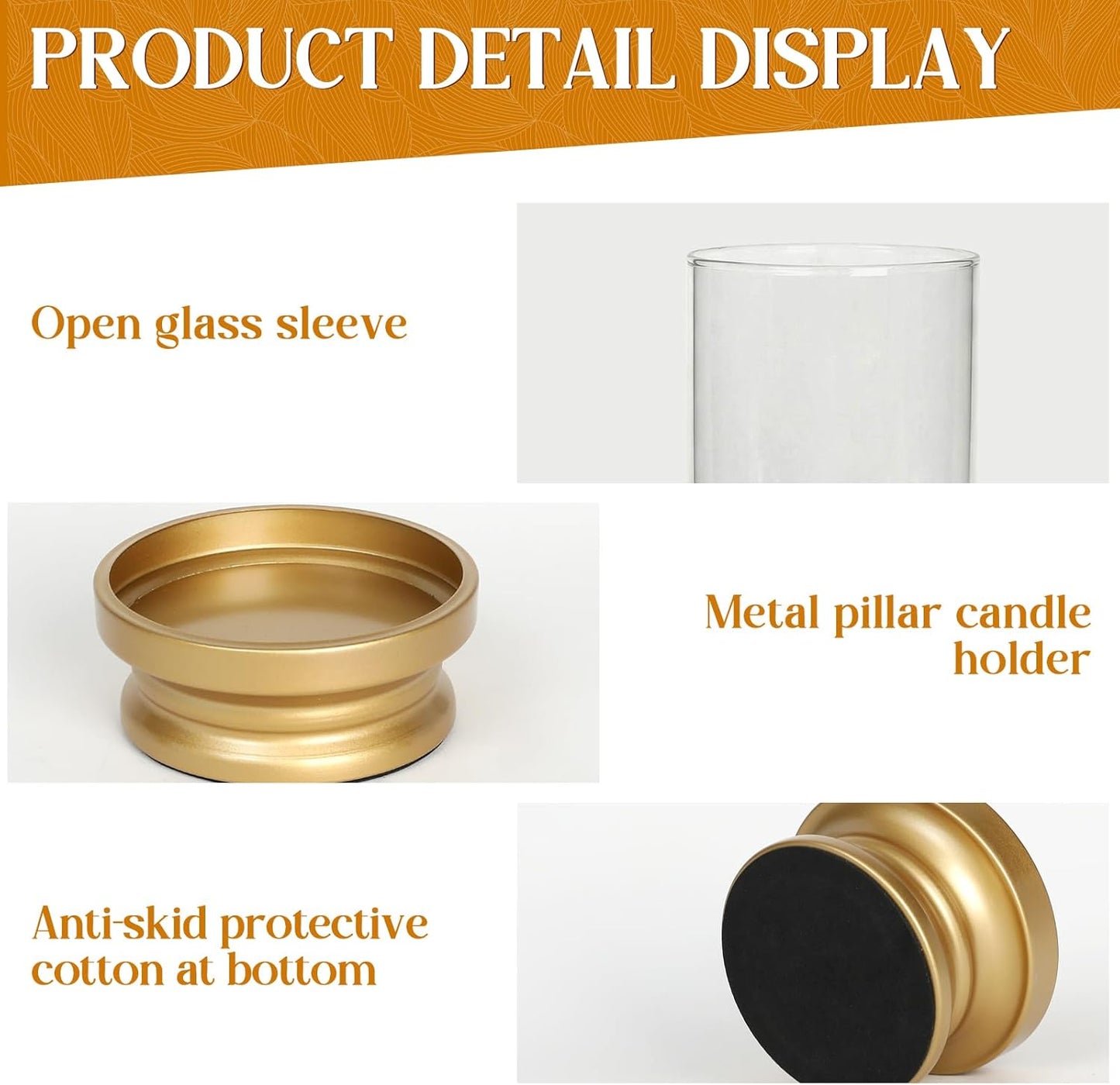 Gold Hurricane Candle Holders Set of 2 with Glass - Modern Pillar Candle Stands for Fireplace Mantel, Dining Table Centerpiece & Home Decor, 7.1" & 9" High