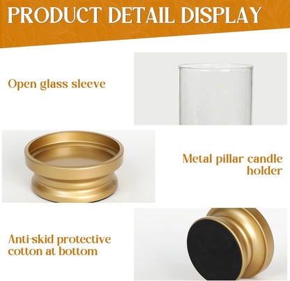 Gold Hurricane Candle Holders Set of 2 with Glass - Modern Pillar Candle Stands for Fireplace Mantel, Dining Table Centerpiece & Home Decor, 7.1" & 9" High
