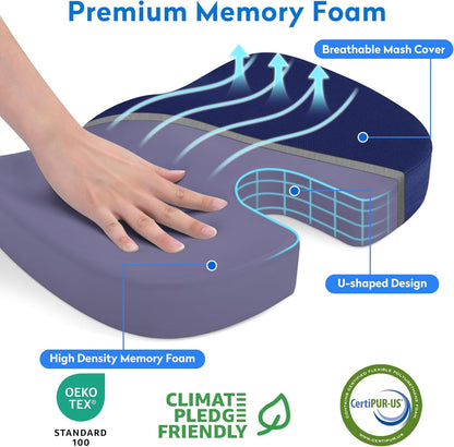 CushZone Seat Cushion - Memory Foam Office Chair Cushion for Sciatica, Tailbone & Back Pain Relief - Orthopedic Coccyx Pillow for Car, Airplane, Pregnancy & Long Sitting at Work, Black