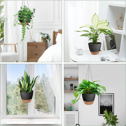Vanslogreen Hanging Planters for Indoor Outdoor Plants, 2 Pack Self Watering Hanging Pot with Drainage Holes & Removable Tray (Black, 8'')