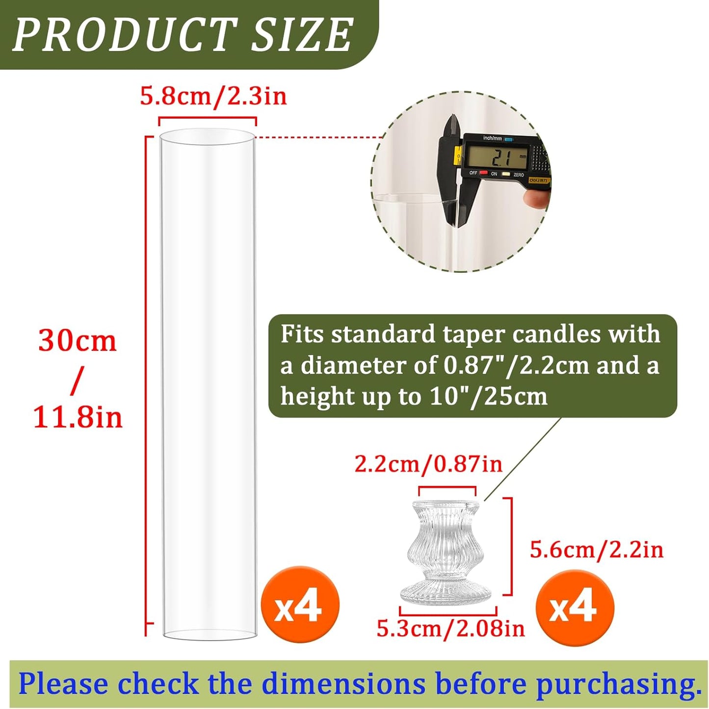 Hurricane Glass Candle Holders, Set of 10 Candlestick Holders for Taper Candle with 11.8" Tall Windproof Cylinder Covers Candle Stand Bulk for Table Centerpieces on Wedding Birthday Housewarming Decor