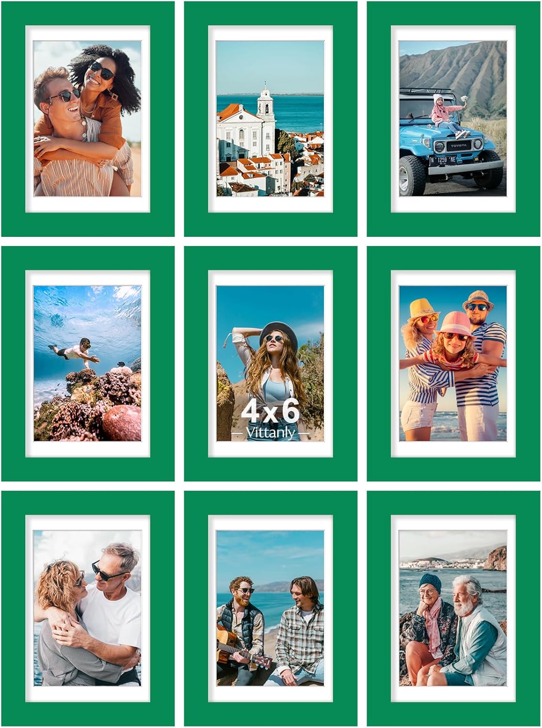 Vittanly 8x10 Picture Frames Set of 9, Shatter Resistant Plexiglass, Display 5x7 Pictures with Mat or 8x10 without Mat, Photo Frames for Wall or Tabletop, Engineered Wood, Black - Colors B