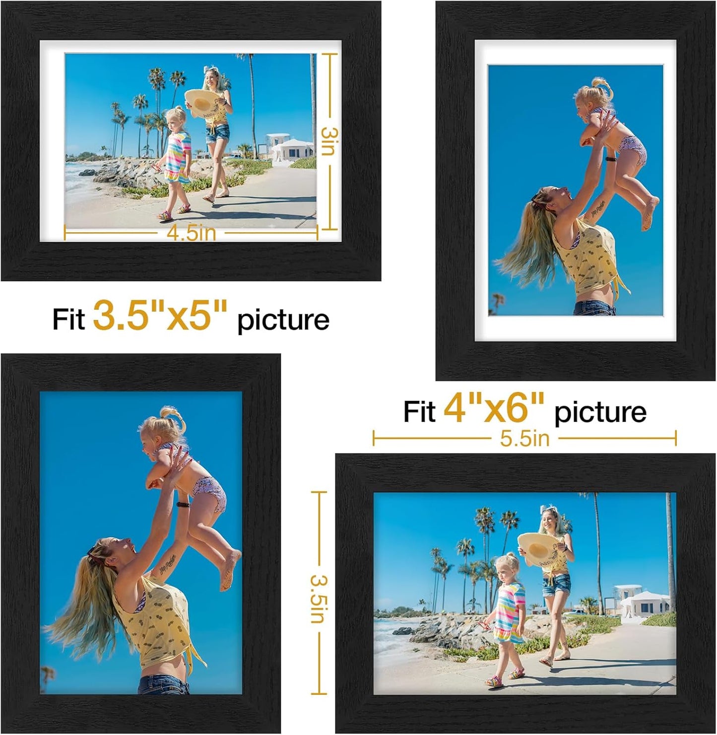 Vittanly 8x10 Picture Frames Set of 9, Shatter Resistant Plexiglass, Display 5x7 Pictures with Mat or 8x10 without Mat, Photo Frames for Wall or Tabletop, Engineered Wood, Black - Colors B