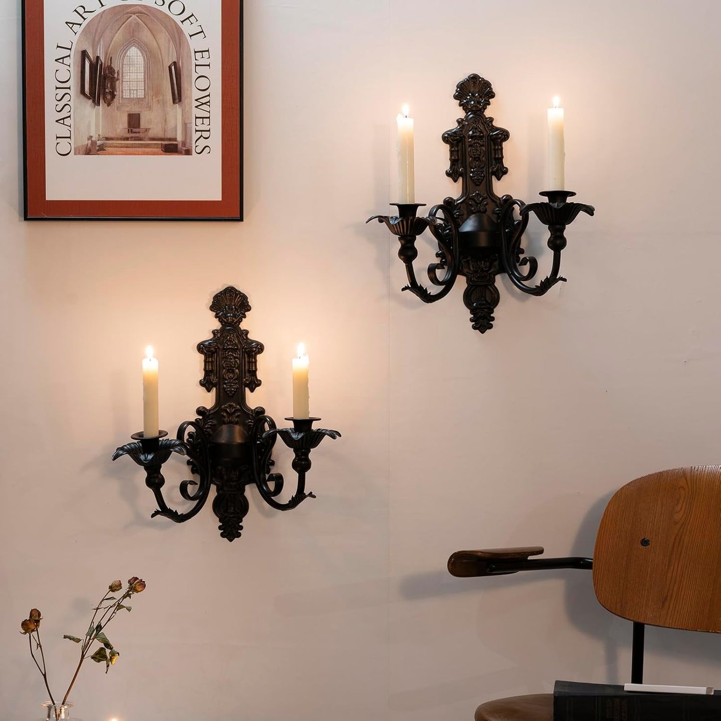 CC wonderland zone Candle Sconce(Set of 2)-Metal Gothic Wall Decorations-Rustic Home Decor-Black Gold Wall Candle Sconces,Dark Academia Decor