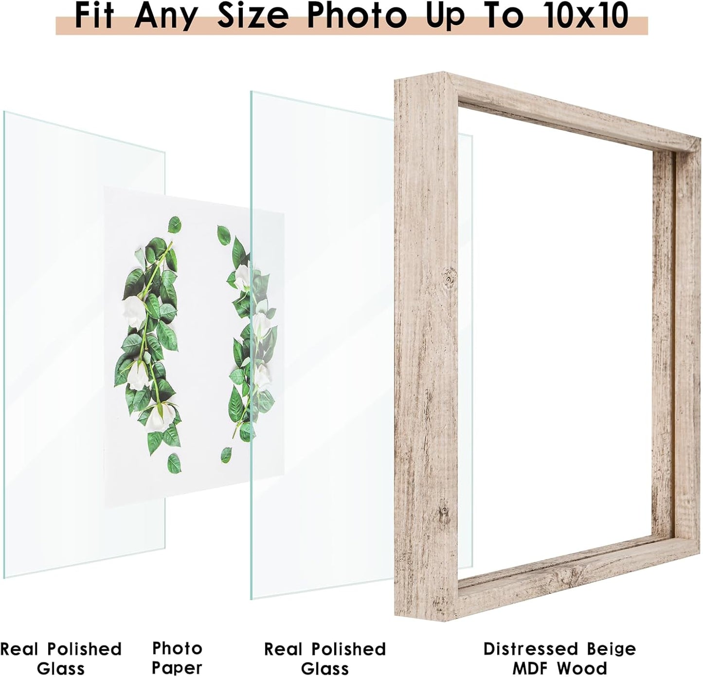 MUYE 11x14 Floating Frame Set of 2,Double Glass Rustic Frame,Display Any Size Photo up to 11x14,Wall Mount or Tabletop Standing,Natural
