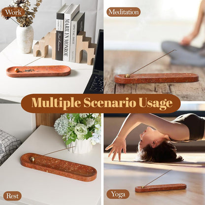 Koville Natural Marble Incense Holder, Incense Holder for Sticks with 9 Holes, Handmade Incense Burner Ash Catcher for Meditation Yoga SPA, Balsam Fir/Palo Santo/Sage/Cone (Green)