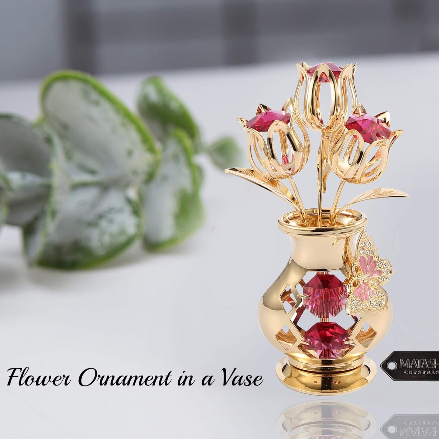 Matashi 24K Gold Plated Crystal Flower Figurine with Clear Crystals & Butterfly – Luxury Decorative Tulip Statue, Elegant Tabletop Home Décor, for Mother's Day, Valentine's Day, Christmas