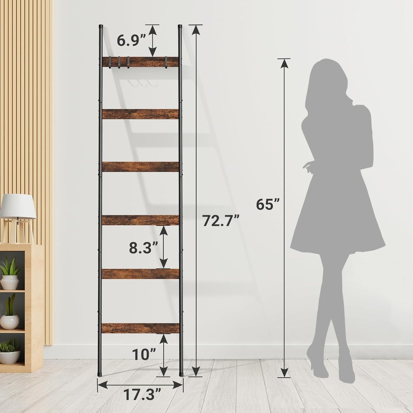 ELYKEN Blanket Ladder for Living Room, Farmhouse 5-Tier Quilt Holder with 4 Removable Hooks for Bathroom, Wood Towel Rack Display, Wall Anchor Leaning Decorative Stand for Home, Rustic Brown