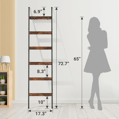 ELYKEN Blanket Ladder for Living Room, Farmhouse 5-Tier Quilt Holder with 4 Removable Hooks for Bathroom, Wood Towel Rack Display, Wall Anchor Leaning Decorative Stand for Home, Rustic Brown