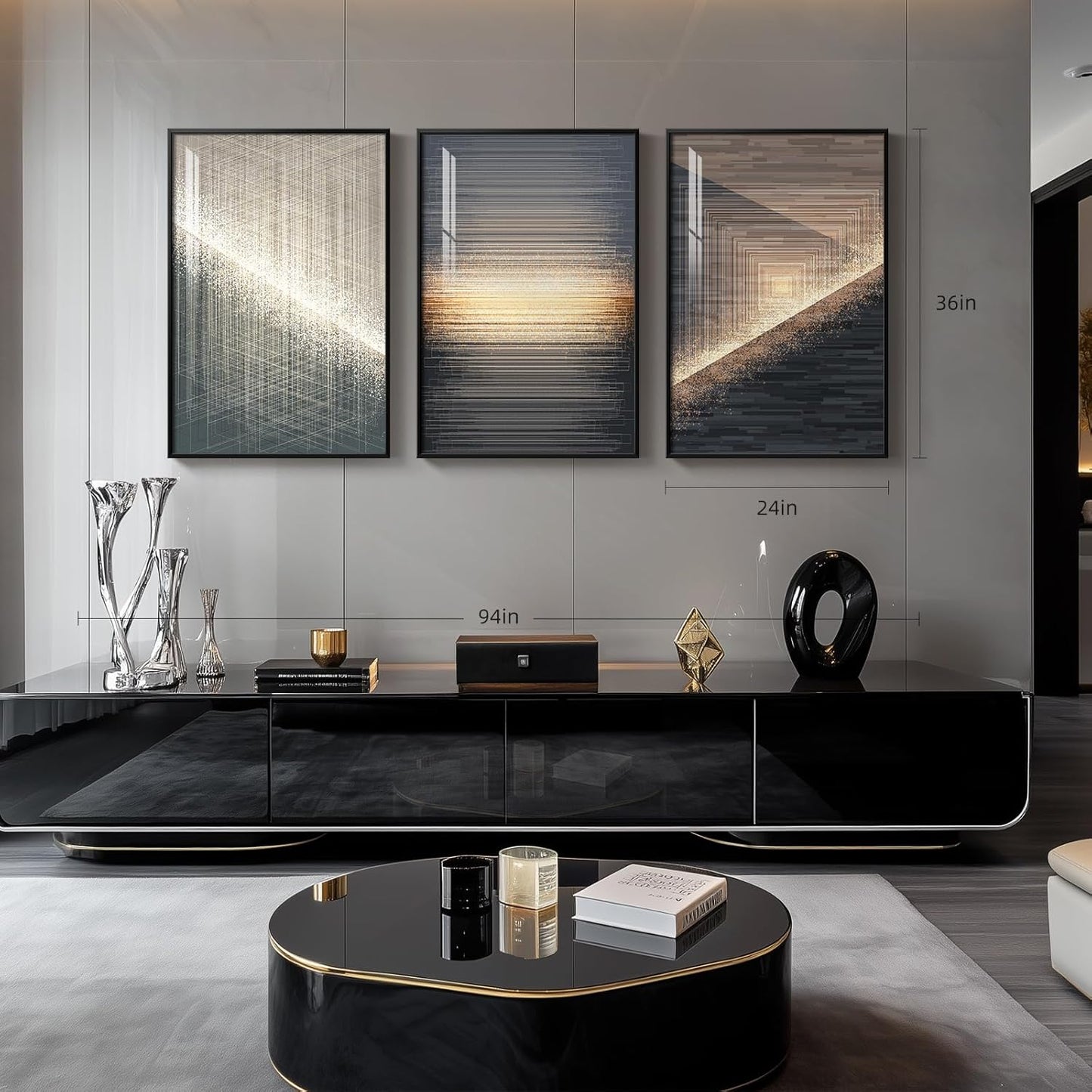 Framed Modern Luxury Gold Wall Art, Set of 3 Piece Contemporary Paintings Artwork for Walls, Golden Prints Pictures with Gold Frame, Wall Decor for Living Room, Hallway, Bedroom, Office 16x24 Inch