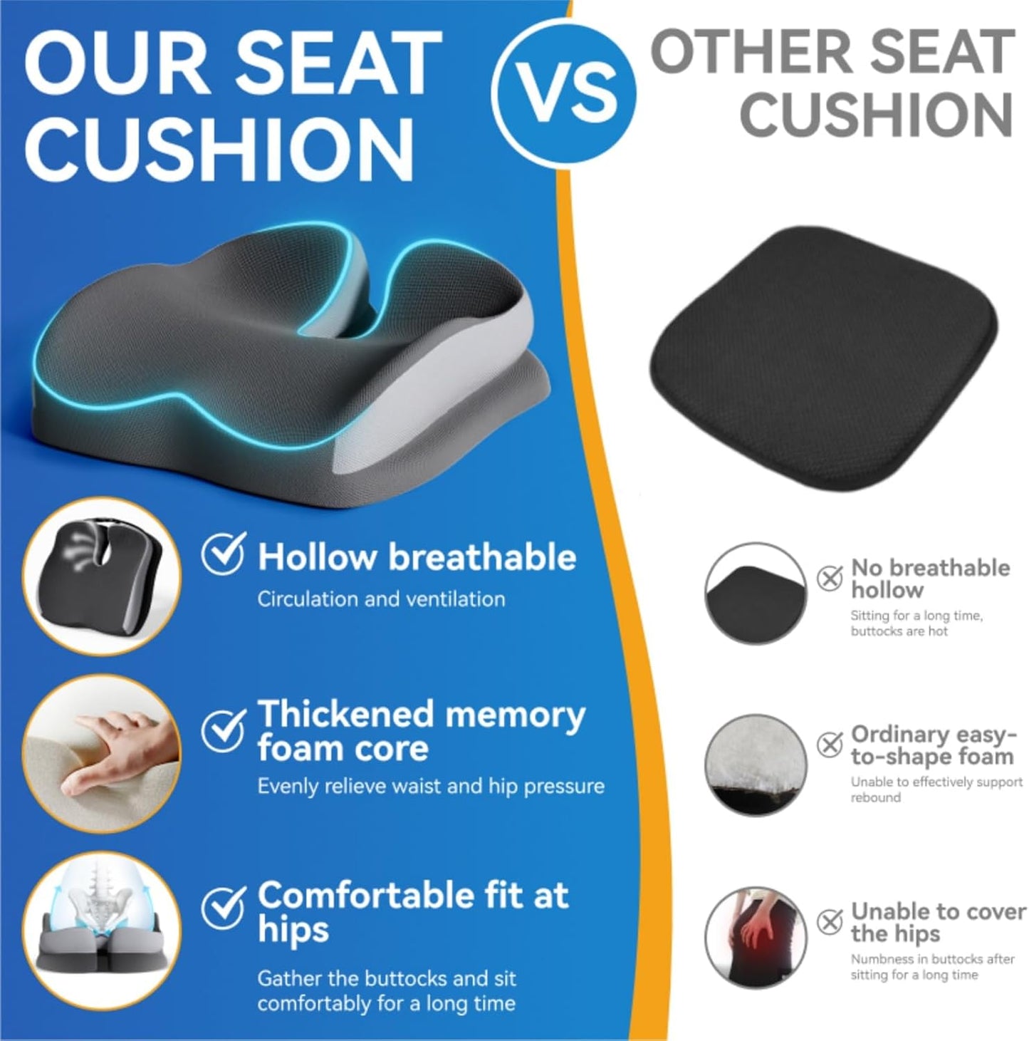 Seat Cushions for Office Chairs Wheelchair Cushion for Long Sitting Back Pain，Memory Foam Seat Car Computer Desk Chair Cushion，Coccyx Cushion for Tailbone Pain Relief Cushion Office Chair Black