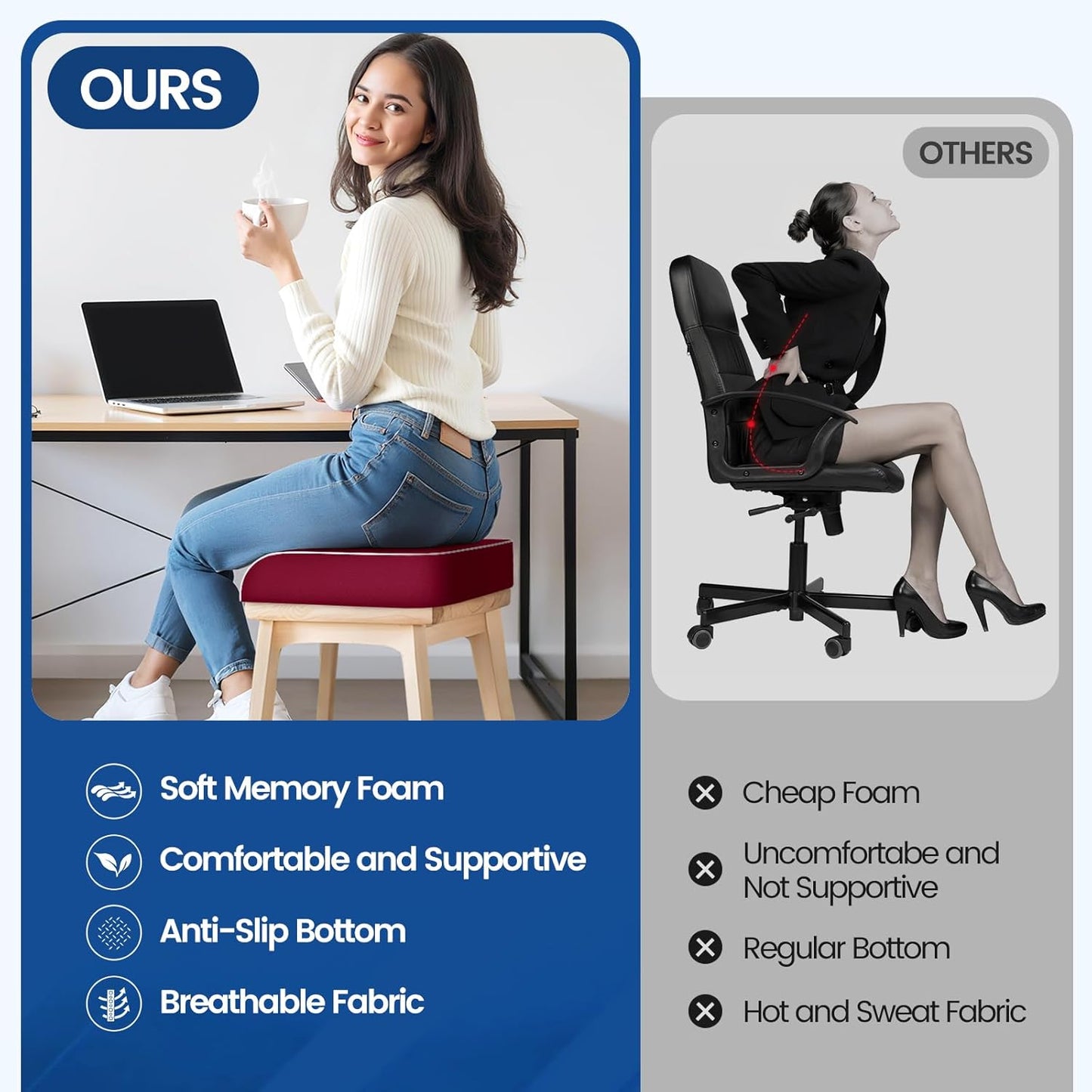 SweetSlubr Seat Cushion for Tailbone Pain Relief, Office Chair Cushion, Memory Foam Large Cushion with Non-Slip Cover for Soft Support at Office Chair, Car Seat, Airplane, Floor Pillow, Black/Large