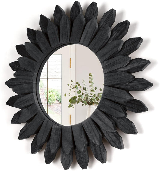 Honiway Wall Mirror Decorative 12 inch Rustic Wood Mirror Sunburst Boho Mirror for Entryway Bedroom Living Room Bathroom House Warming Gifts New Home Essential Carbonized Black