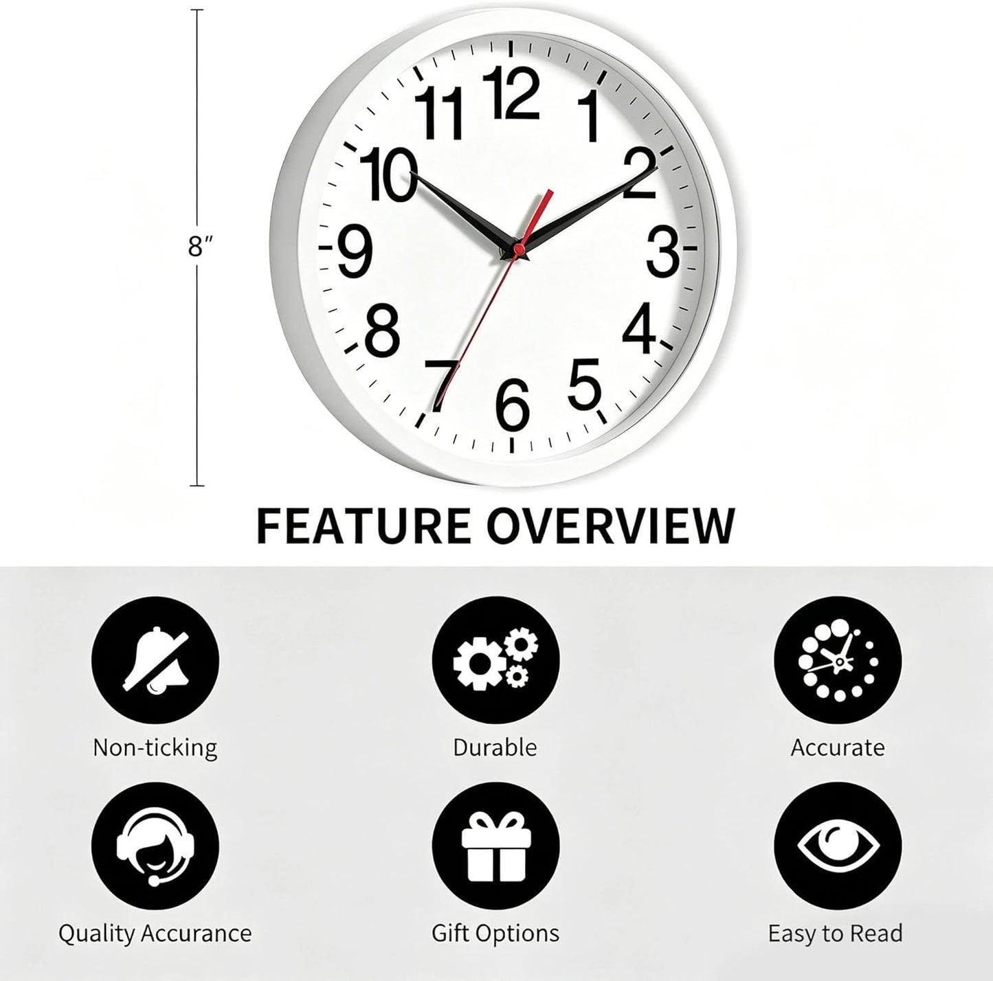 Rohioue Wall Clock Modern 8 Inch Battery Operated Silent Non Ticking Small Analog Clock for Living Room Office Home Bedroom Kitchen Bathroom(Black)