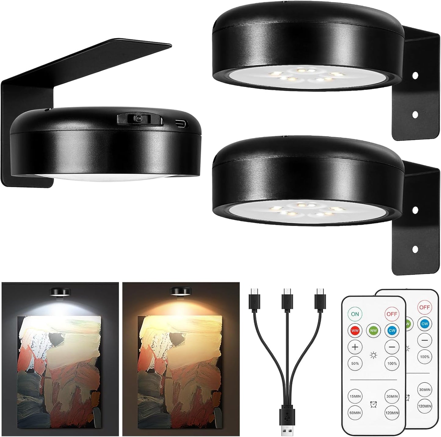 Arixinks 3PACK Picture Light Battery Operated with Remote, Painting Light for Wall Art with 3 Lighting Colors Dimmable, LED Art Display Accent Light on Wall for Poster Dartboard Frame Portrait Black