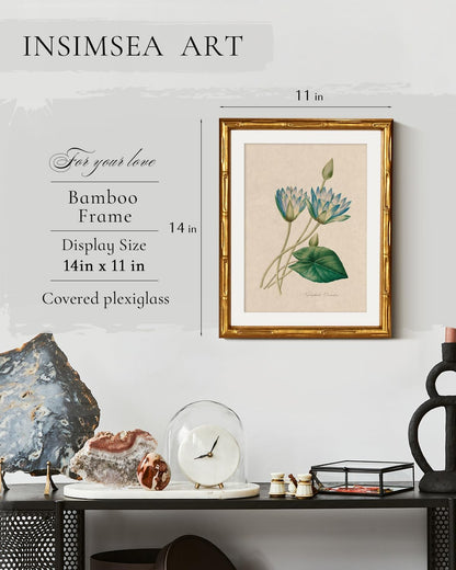 InSimSea Gold Bamboo Framed Canvas Wall Art, Retro Blue Hydrangea Botanical Prints, Antique Flowers Picture Frame with Mat, Victorian Home Wall Decor for Kitchen Living Room Bedroom, 11x14inch