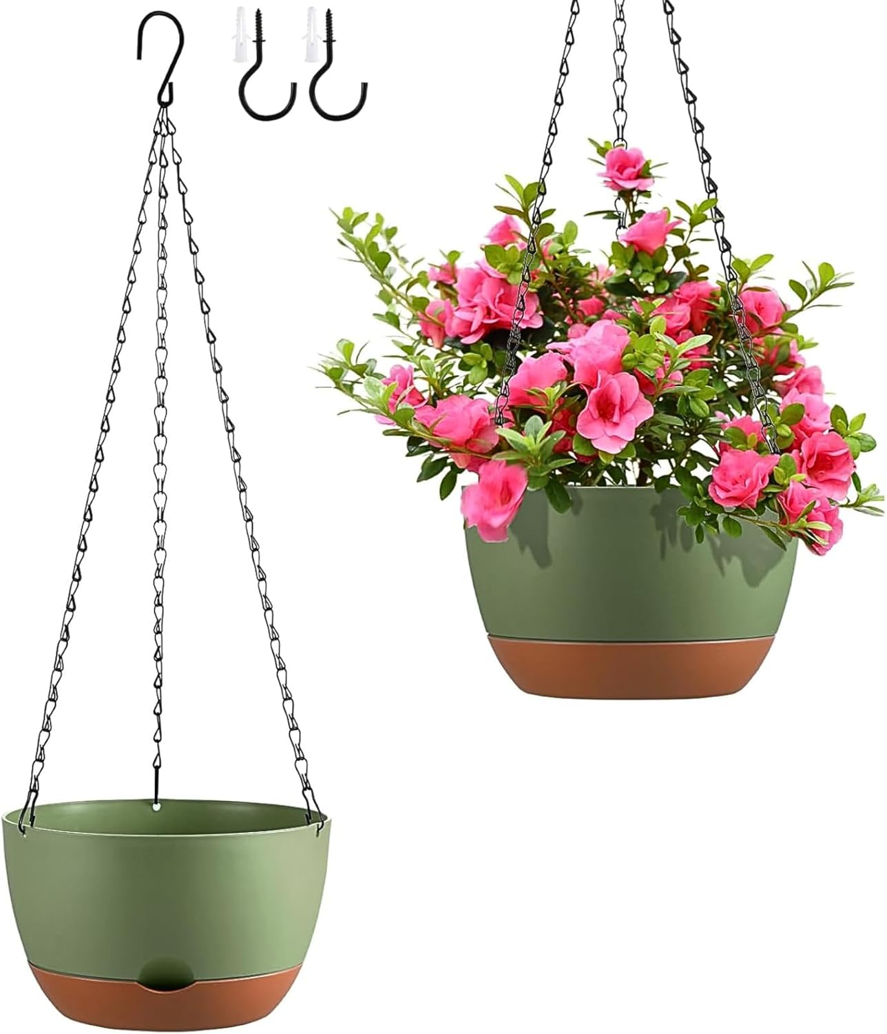Set of 2 Hanging Planters for Indoor Outdoor Plants, 8 Inch Self-Watering Hanging Flower Pots with Drainage Hole & Removable Water-Storage Tray (Hooks)