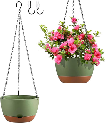 Set of 2 Hanging Planters for Indoor Outdoor Plants, 8 Inch Self-Watering Hanging Flower Pots with Drainage Hole & Removable Water-Storage Tray (Hooks)