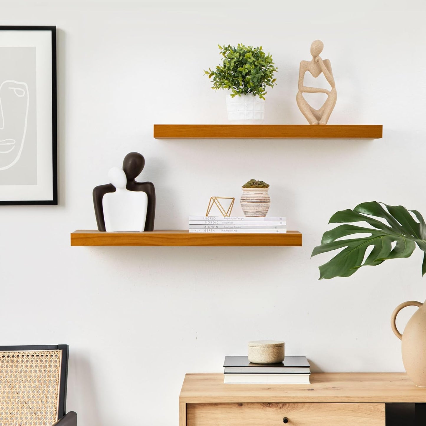 Floating Shelves 36 Inches Long - 8 Inch Deep Rustic Premium Solid Pine Wood for Storage - Farmhouse Wall Mounted for Living Room - Heavy-Duty Metal Bracket - 36" W x 8" D - Set of 2 - White Color