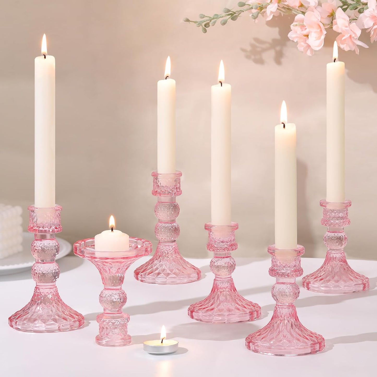 DARJEN 6Pcs Gold Candlestick Holders Set - 4" H & 5" H Striped Taper Candle Holders Bulk, Glass Candle Holders for Wedding, Festival, Party, Table Centerpiece, Gifts