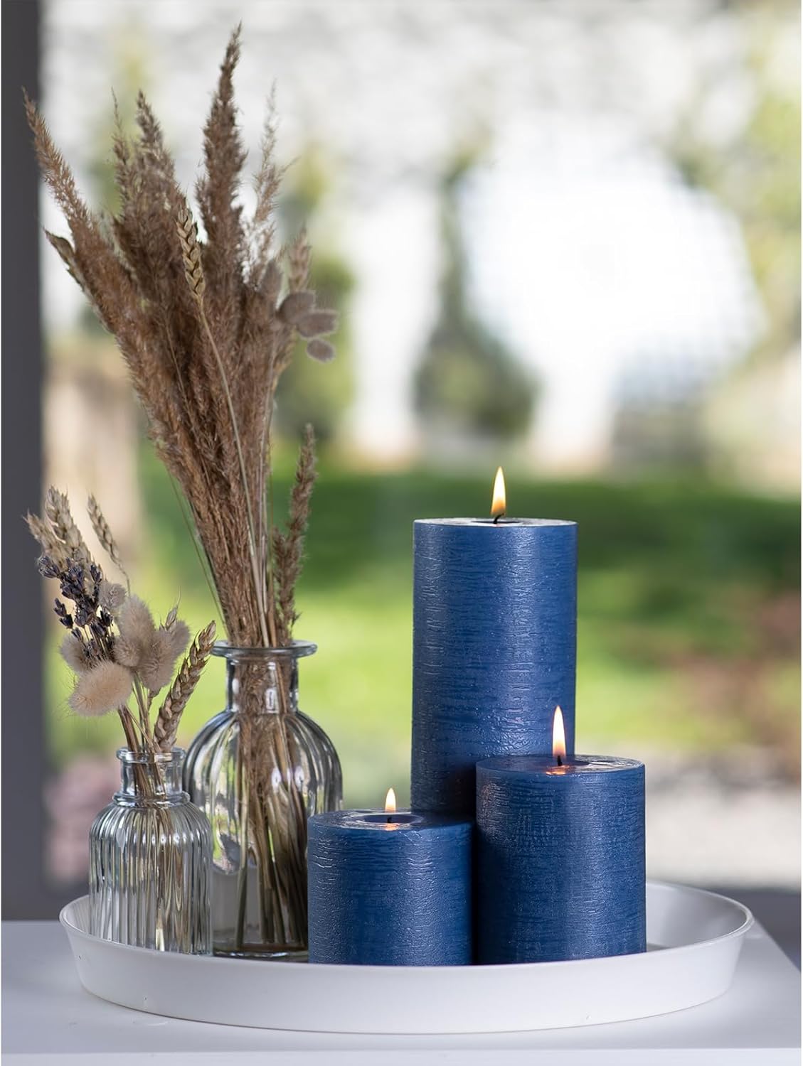 CANDWAX 3x4 inch Pillar Candles Set of 3 – Unscented Dripless Rustic Dark Blue Candles for Room Decor, Weddings, Centerpieces