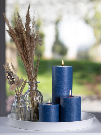 CANDWAX 3x4 inch Pillar Candles Set of 3 – Unscented Dripless Rustic Dark Blue Candles for Room Decor, Weddings, Centerpieces
