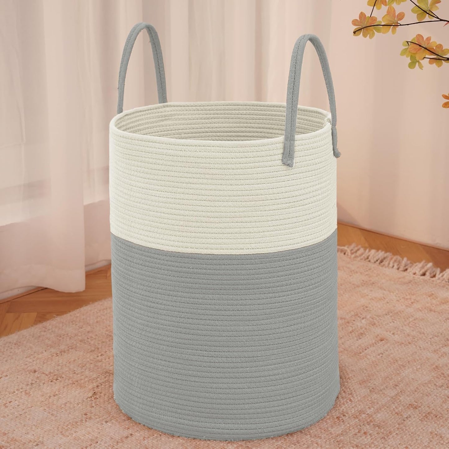 JMvicyroam Large Woven Laundry Basket Hamper,60L Cotton Rope Storage Bin for Blankets,Toys and Clothes,Decorative Tall Nursery Hamper for Living Room,Baby Nursery,Bathroom and Bedroom,Brown