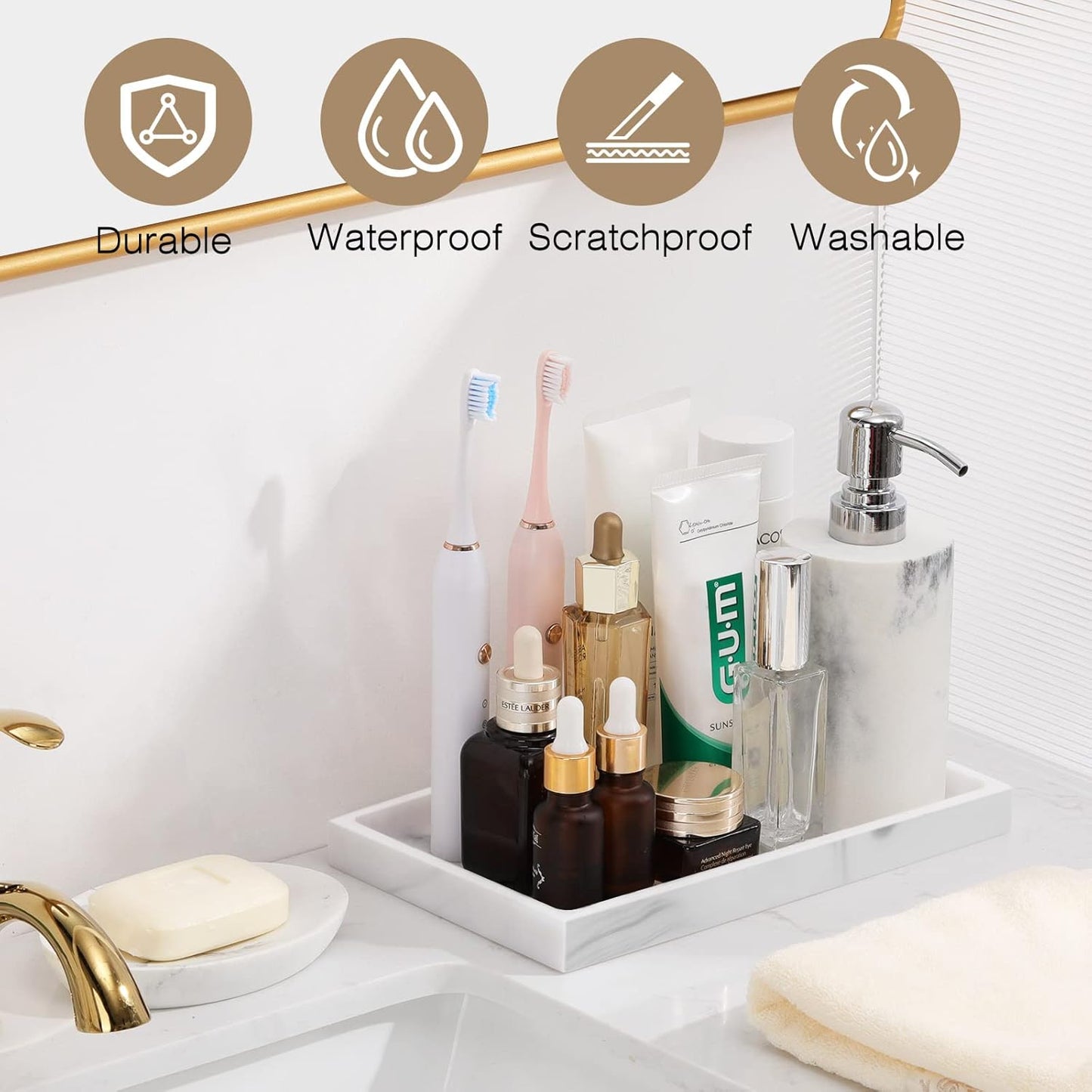Luxspire Bathroom Vanity Tray, 8 x 4 inch Resin Kitchen Sink Tray for Soap Dispenser Bathroom Countertop Organizer Plate Holder for Perfume Soap Towel Bathroom Accessories, Mini, White Marble