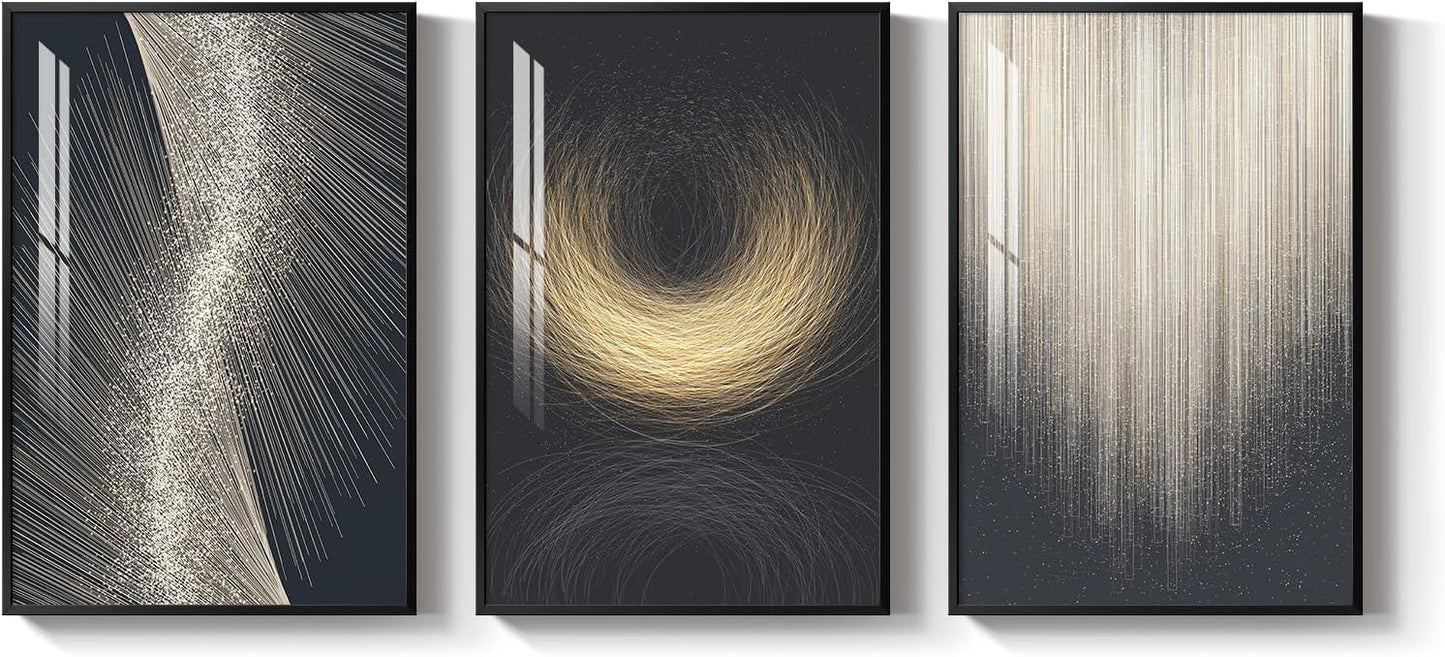 Framed Modern Luxury Gold Wall Art, Set of 3 Piece Contemporary Paintings Artwork for Walls, Golden Prints Pictures with Gold Frame, Wall Decor for Living Room, Hallway, Bedroom, Office 16x24 Inch