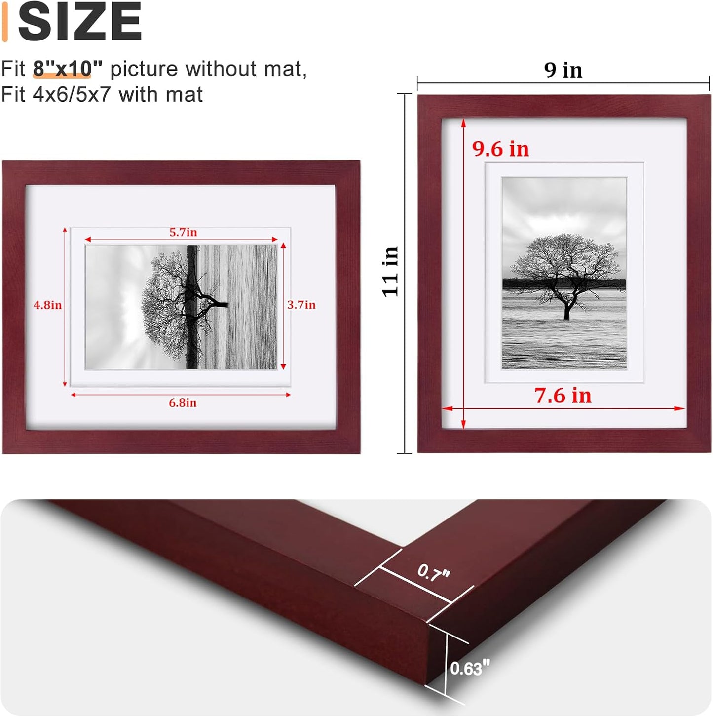 Egofine 12x16 Picture Frame Black, Covered by Plexiglass Made of Solid Wood, Display Pictures 9x12 and 11x14 with Mat or 12x16 Without Mat, for Wall Mounting Photo Frame - Colors A