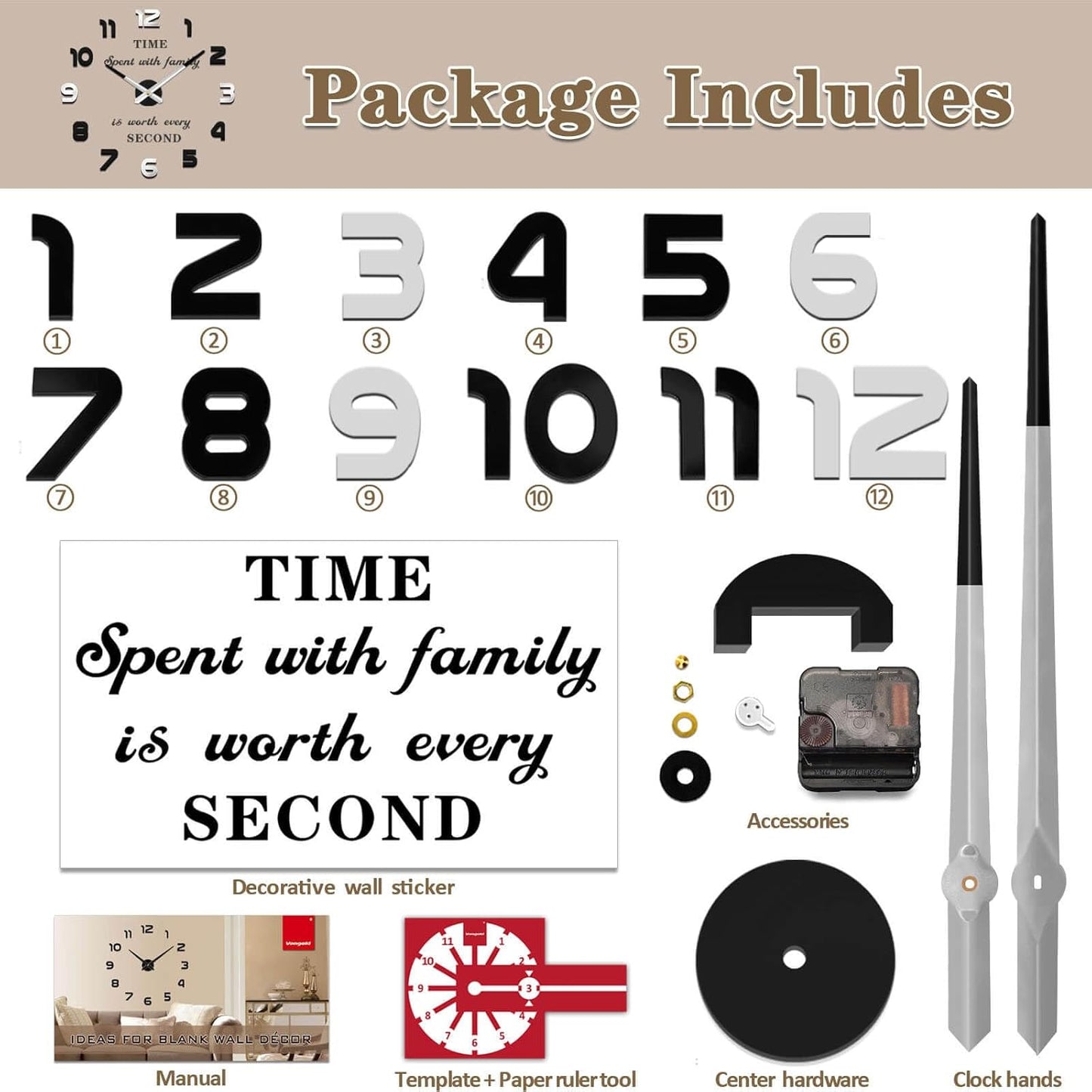 VANGOLD Large Wall Clocks for Living Room Decor, Decorative Wall Clocks Battery Operated (Black Wall Decor)