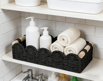 CubesLand Paper Rope Scalloped Edge Toilet Paper Storage Basket, Small Living Room, Bedroom Decor Baskets for Over Toilet Storage Shelf, End Table, Shelves and More, with 2 Wooden Handle, Neutral