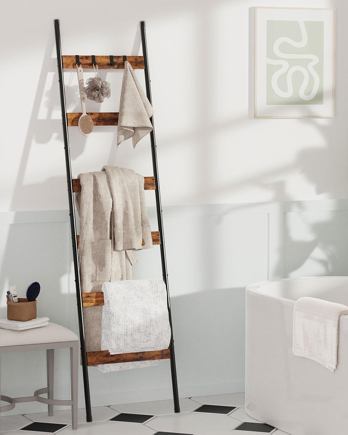 Blanket Ladder, 5-Tier Towel Holder with 4 Removable Hooks, Farmhouse Wall Leaning Decorative Rack Shelf, Wooden Towel Display Rack, Quilt Ladder for Living Room, Bedroom, Rustic Brown