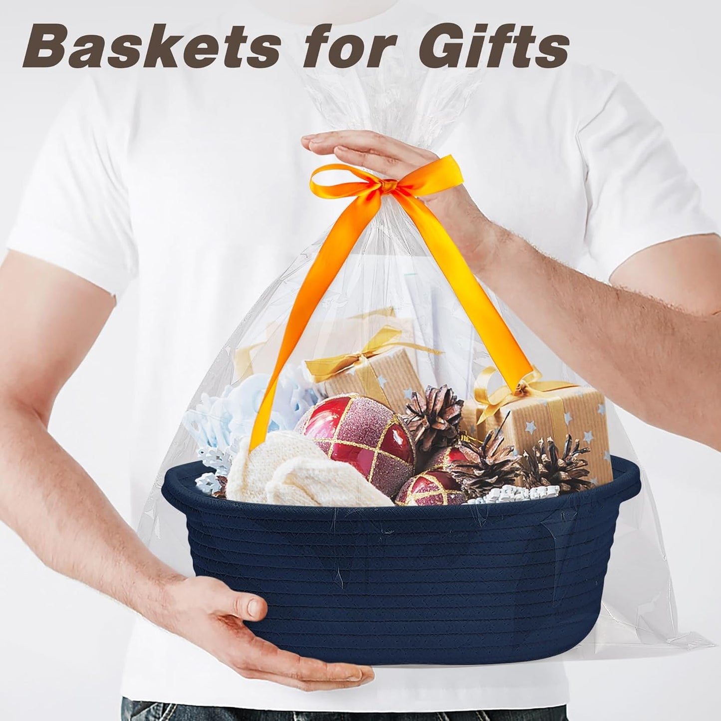 Pro Goleem Small Woven Basket with Gift Bags and Ribbons Durable Baskets for Mothers Day Gifts Empty Small Rope Basket for Storage 12"X 8" X 5" Baby Toy Baskets with Handles, White