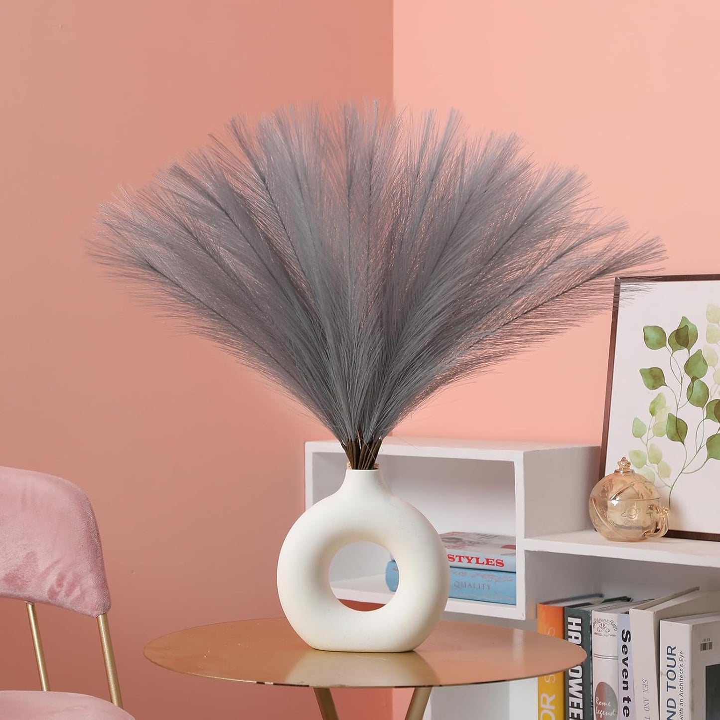 UREYMX Faux Pampas Grass Decor 17.7 Inch 6pcs, Artificial Pampas Grass Fluffy Home Decor, Short Vase Room Decor pompous Grass Flower Arrangement for Boho Home Wedding Decoration (Black)