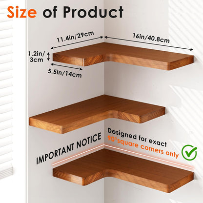 Fixwal Corner Floating Shelves for Wall Mounted Natural Solid Wood 16"x11.4" Farmhouse Home Decor Display Shelving Set of 3 (Rustic Brown)