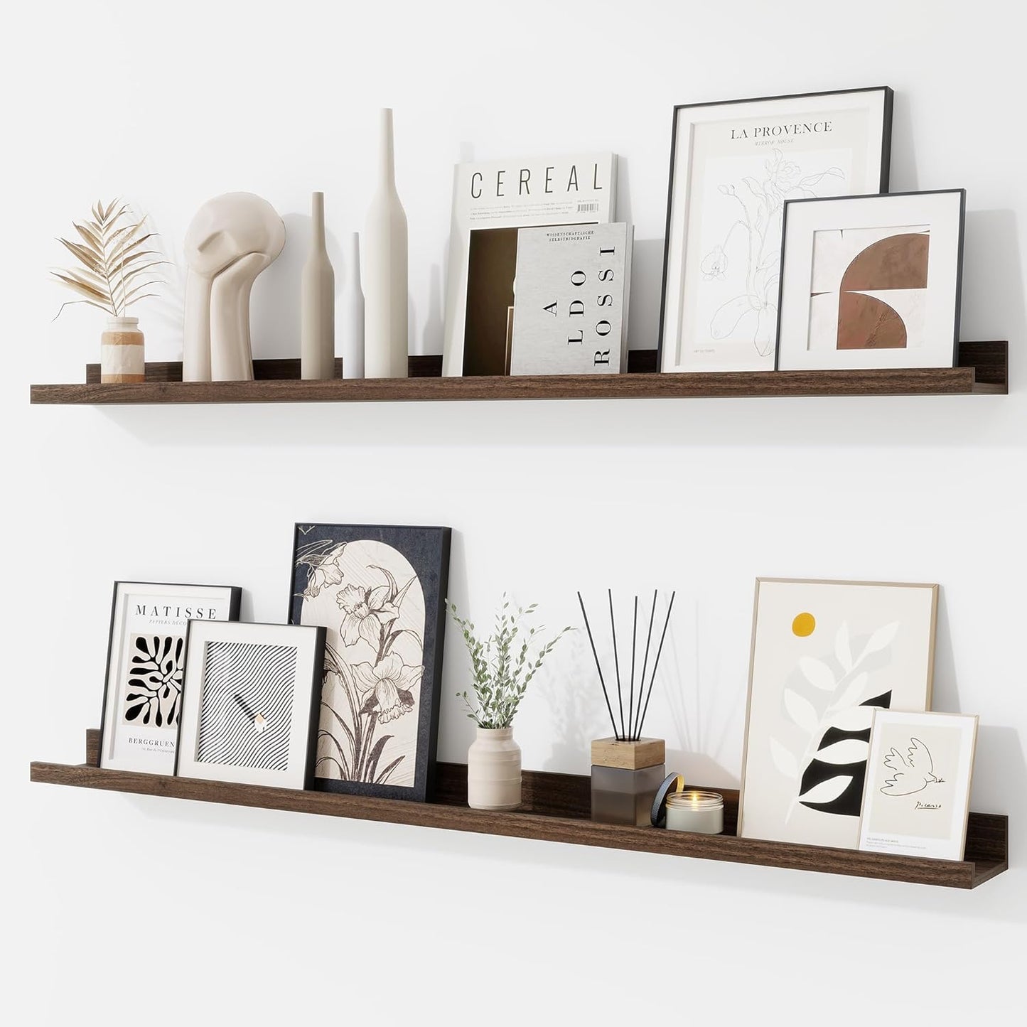 RICHFOCUS Picture Ledge Shelf, 24 inch Floating Shelves Set of 2, Wood Wall Shelves with Lip, Wall Decor Storage for Bedroom Living Room Bathroom Kitchen Nursery Photo Picture, Walnut